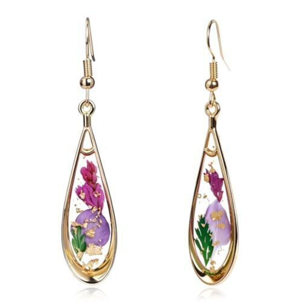 6098 18K Gold Plated Foil & Flower Dangle Drop Earrings , Hypoallergenic